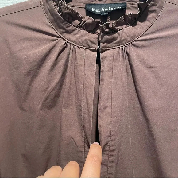 En Saison Maxi Balloon Sleeve Asymmetrical Boho Keyhole Poplin Dress in Brown L - Picture 3 of 13